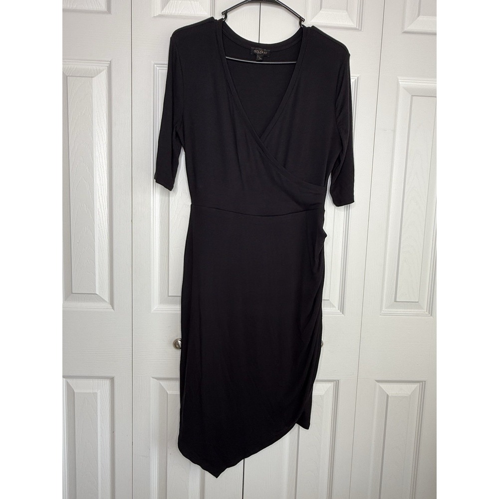 Goldray Dress Faux Wrap V-Neck Half Sleeves Asymmetrical Ruched Ribbed Sz M